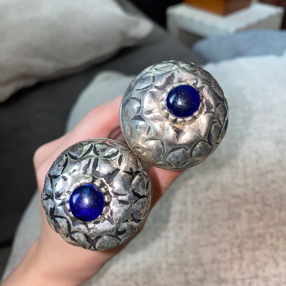 Vintage-Style Salad Serving Set Silver Plated Twos Company, Royal Blue Stones - Picture 4 of 5